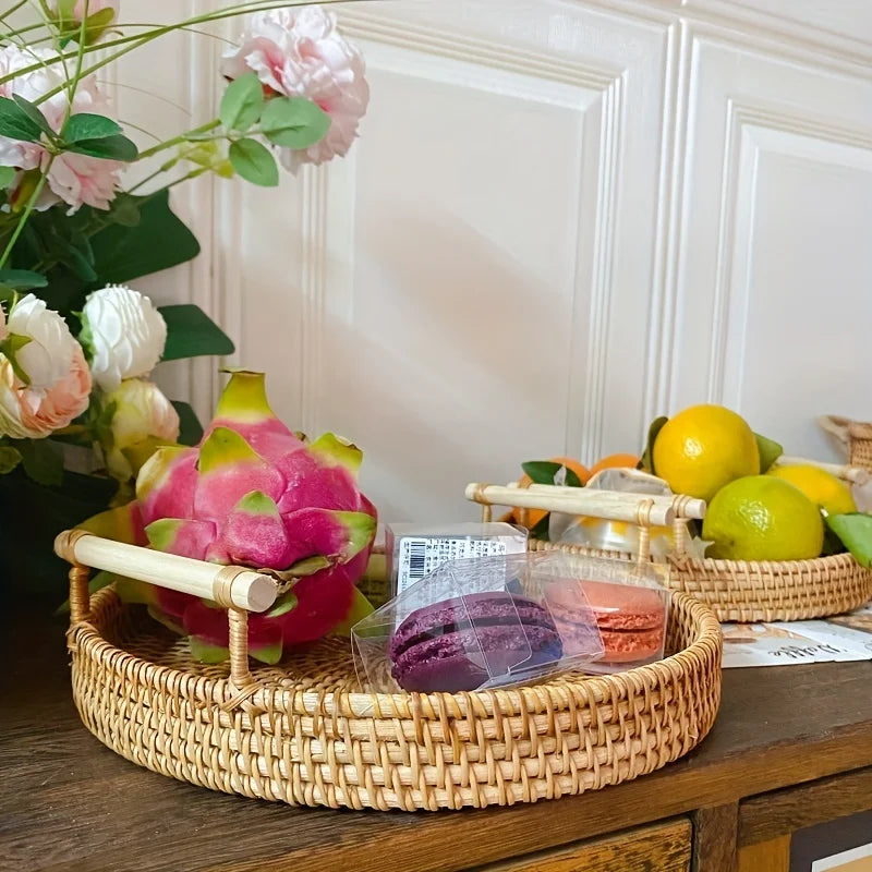 Artisanal Woven Rattan Serving Tray - Dual Handles