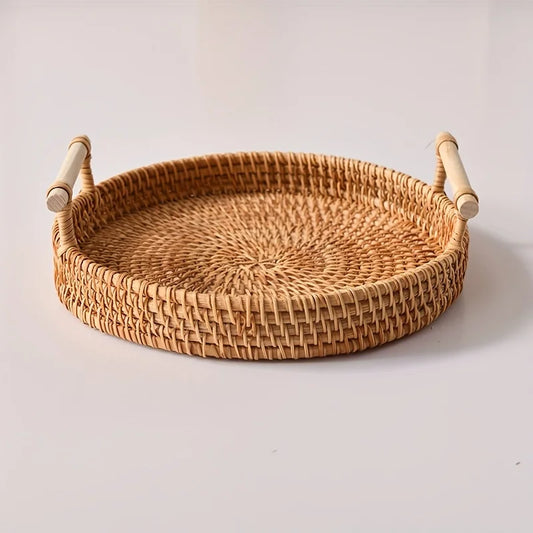 Artisanal Woven Rattan Serving Tray - Dual Handles