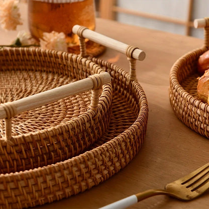 Artisanal Woven Rattan Serving Tray - Dual Handles